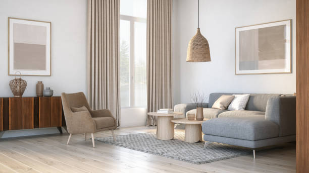 imagen de living estilo nordico decorado con cortinas beige y almohadones blanco y beige